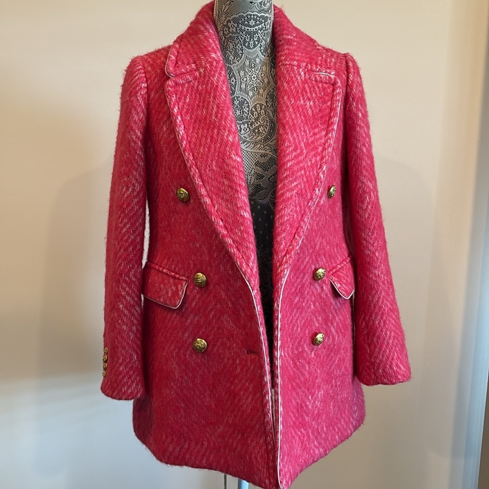 J. Crew Womens Diamond Tweed Peacoat Pink Wool Alpaca Fuzzy Coat Size 0 - Picture 15 of 16